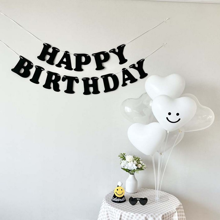 연지마켓 생일가랜드 하트 풍선 생일 파티 용품 세트, 1세트, 블랙 스마일 스티커
