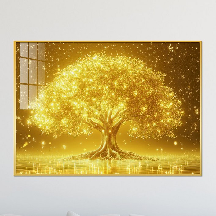 아트블루 집 안에 걸어두면 금전운이 들어오는 황금나무와 떨어지는 황금빛 풍수 액자, 골드메탈