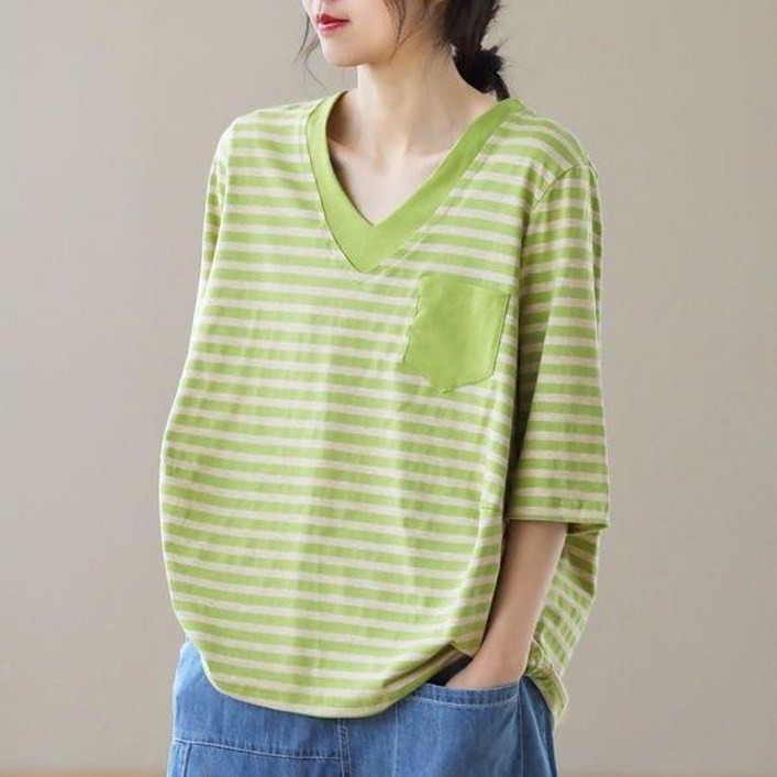 루스리더 여성 스트라이프 브이넥 빅사이즈 반팔 티셔츠 M766
