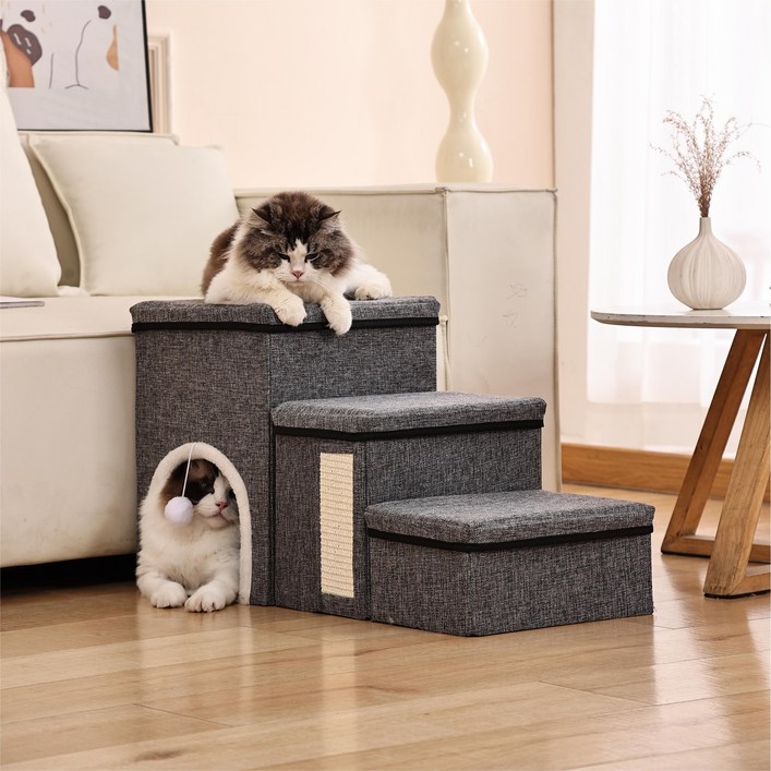 Zebeer 3단 애견 계단 하우스 수납형 미끄럼 방지 접이식 애견 계단, 그레이, 1개(3단)