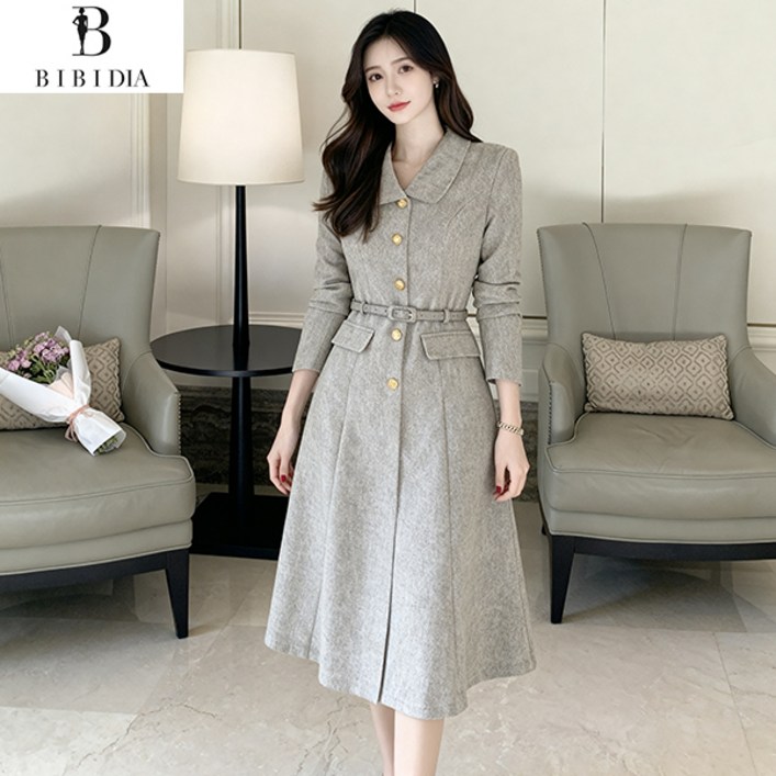비비디아 여성 봄 가을 클래식 카라넥 금장버튼 플레어핏 하객룩 오피스룩 원피스 데일리룩(벨트포함)5573