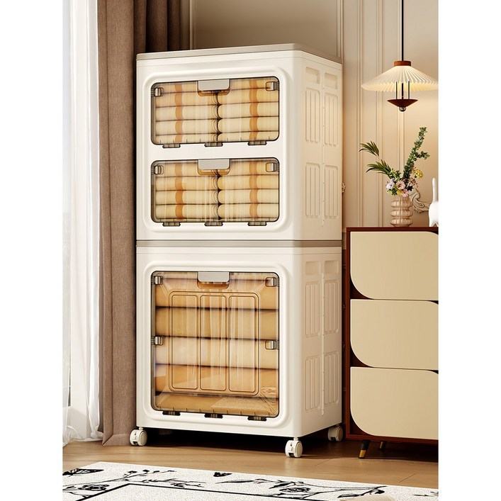 원스 특대형 투명 이동식 수납정리함 적층식 폴딩 리빙박스, 1개, 크림 화이트 1 door type