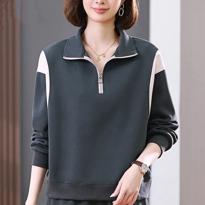 COSYEVNO 카라넥 반집업 맨투맨 루즈핏 빅사이즈 패션 캐주얼 여성 긴팔 티셔츠