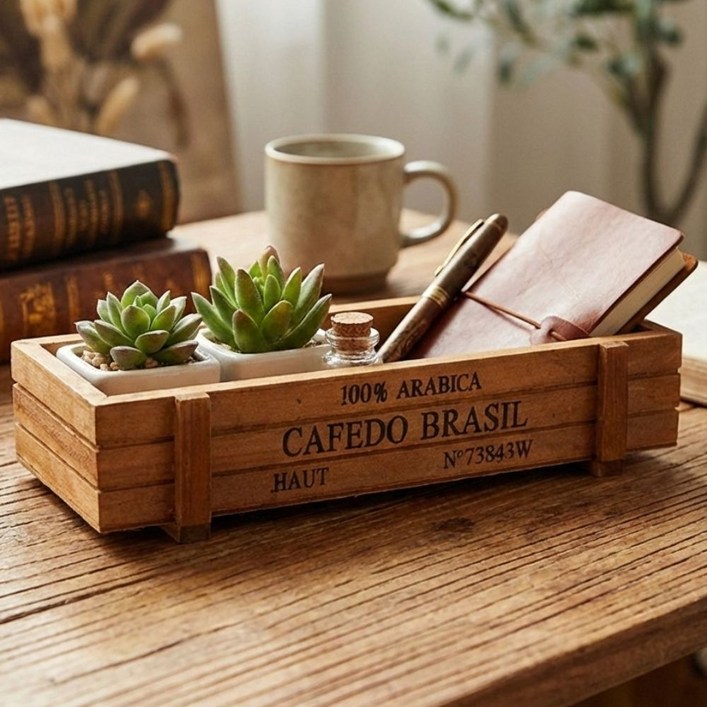 아렌샵 빈티지 우드 박스 트레이, 1개, 다크 브라운