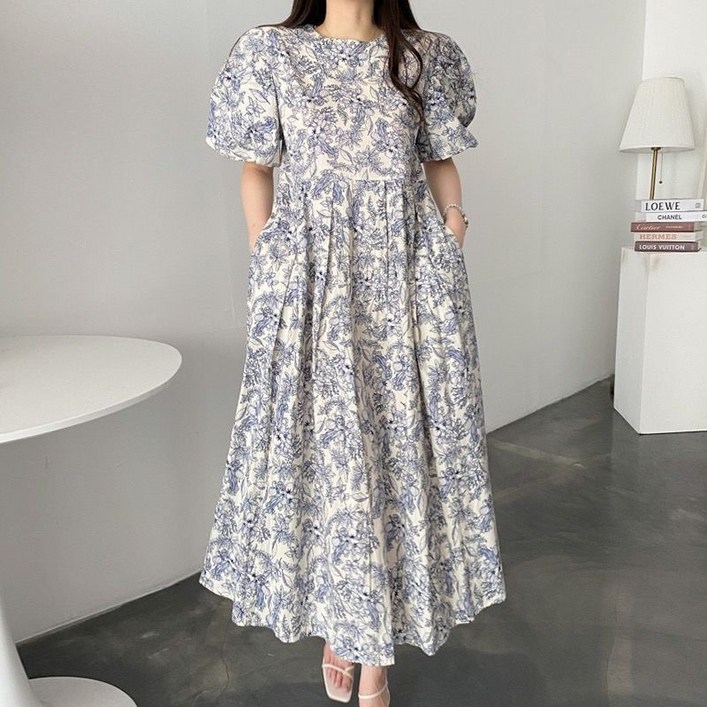 블루 플로럴 퍼프소매 러블리 롱 원피스