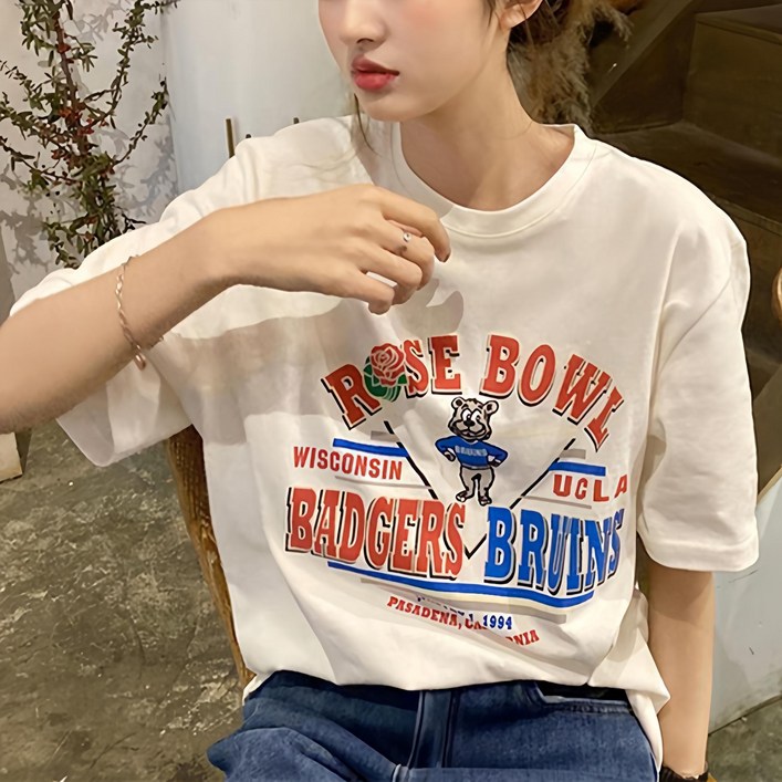 륀엘르 여성 빈티지 프린팅 라운드넥 반팔 티셔츠 륀엘르 여성 빈티지 프린팅 라운드넥 반팔 티셔츠