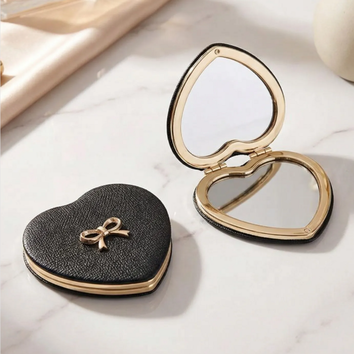 SIA37 하트 리본 손거울 휴대용 콤팩트 가죽 미러 미니 접이식 거울 파우치용