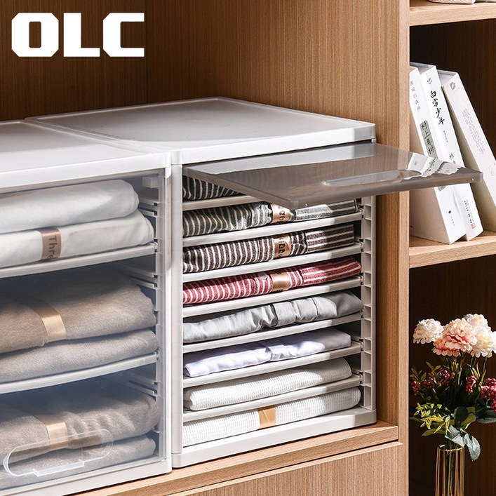 OLC 슬라이딩 옷 정리 트레이 수납함 티셔츠 의류 수납, 1개, 클리어 투명 커버