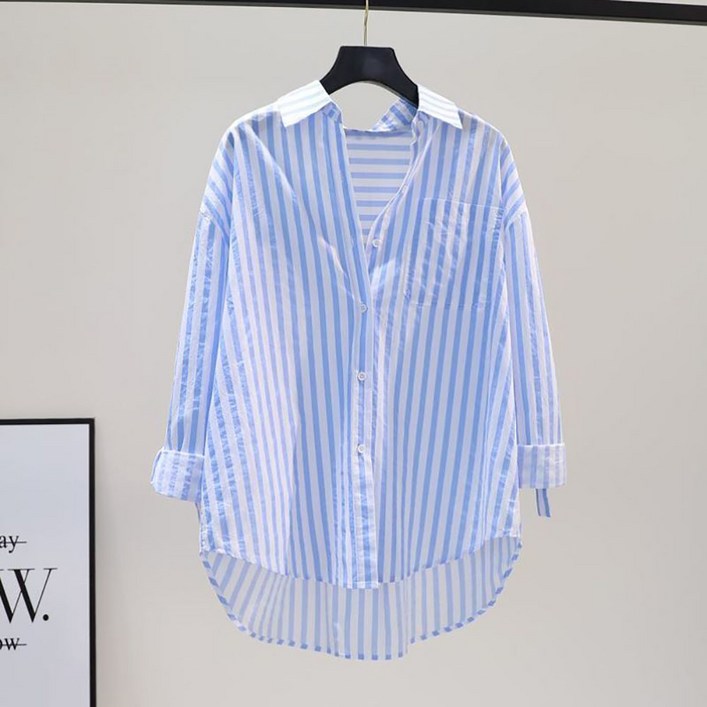 지고다그 여성용 여름 순면 스트라이프 셔츠 루즈핏 데일리 블라우스 캐주얼 롱셔츠 레이어드용 아우터 SX69563