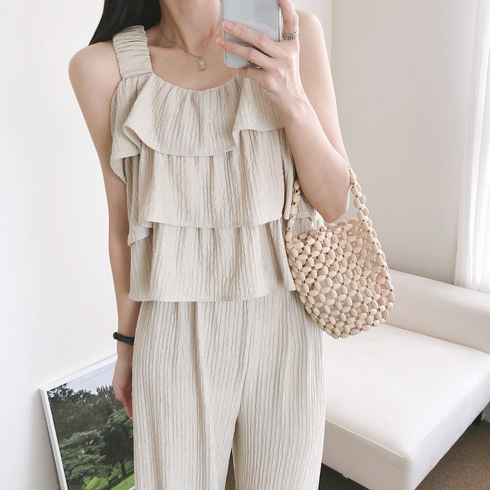 요시아나 당일발송 크루아 캉캉 프릴 곱창 끈나시 탑 롱팬츠 세트 투피스 2컬러