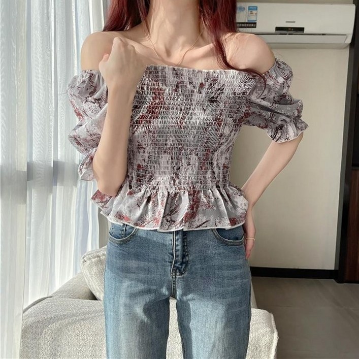에리페 여성용 마블 스모크 오프숄더 반팔 블라우스