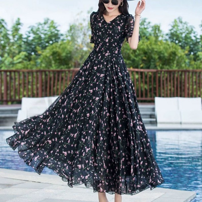 AOKADA 여성 여름 반팔 브이넥 잔꽃 프린트 A라인 플레어 쉬폰 원피스 바캉스룩 비치 원피스