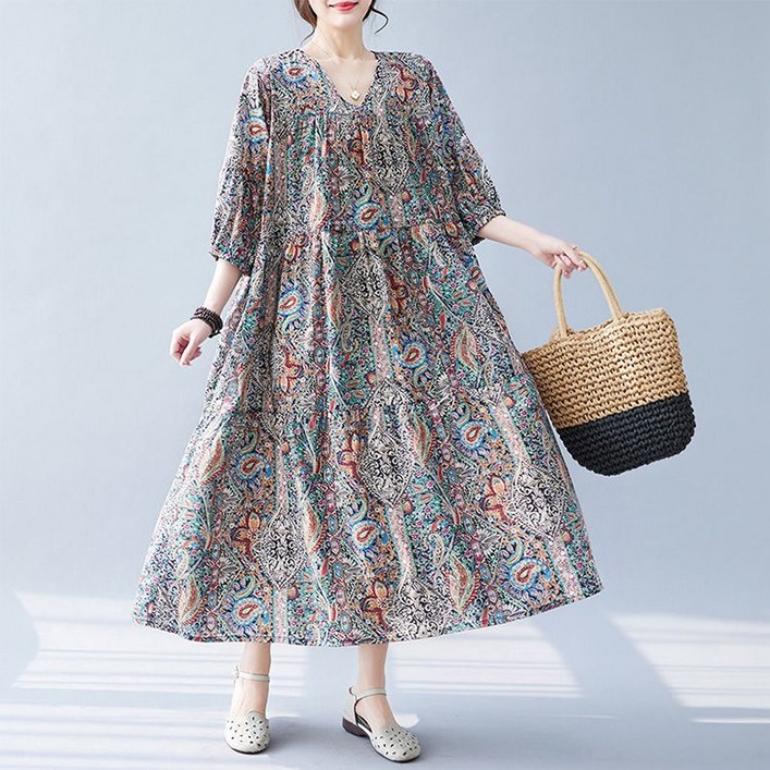 ORZQU 여성 여름 미디 빅 사이즈 박시 플라워 원피스 벌룬 소매 쉬폰 원피스