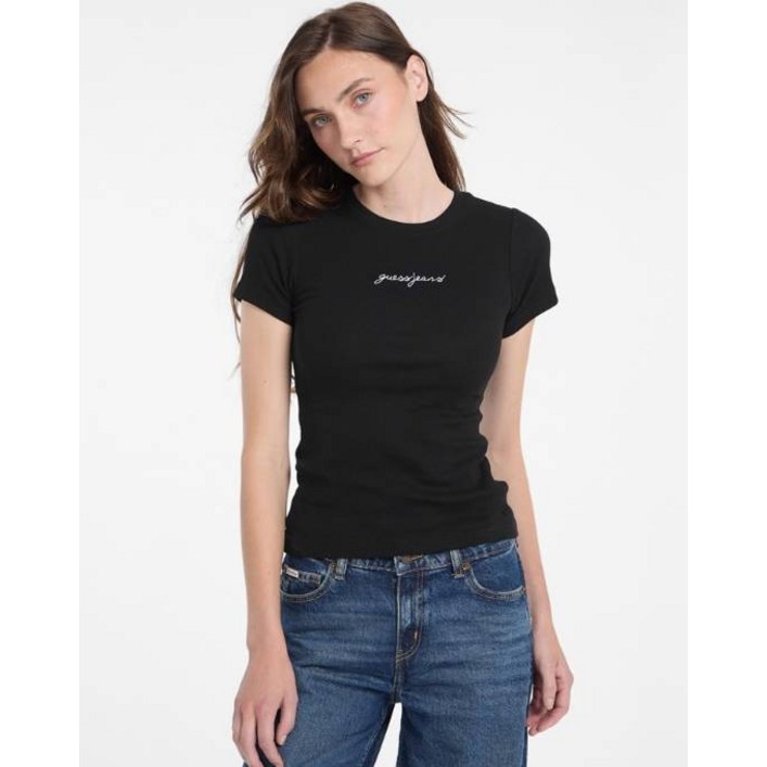 게스 여성 흘림체 슬림 골지 반팔티YPBK2302 1940585