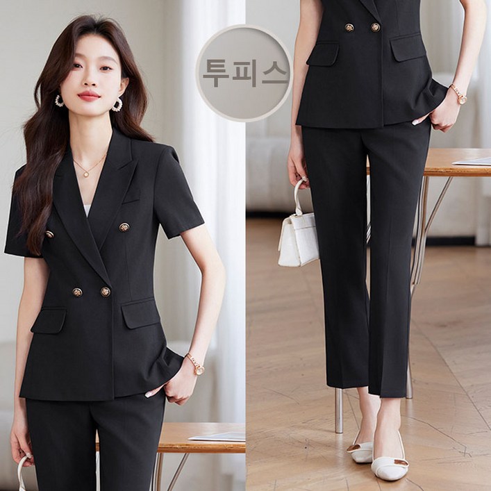 COSYEVNO 여름 여성 정장 세트 반팔 코트+바지 오피스룩 슬림핏 면접 트렌드 시크 직장인 투피스