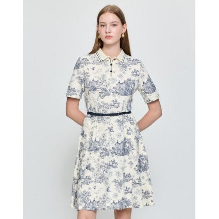 [국내백화점] 헤지스레이디스 [25FW]크림 벨티드 면혼방 반팔원피스 여성캐주얼 데일리룩