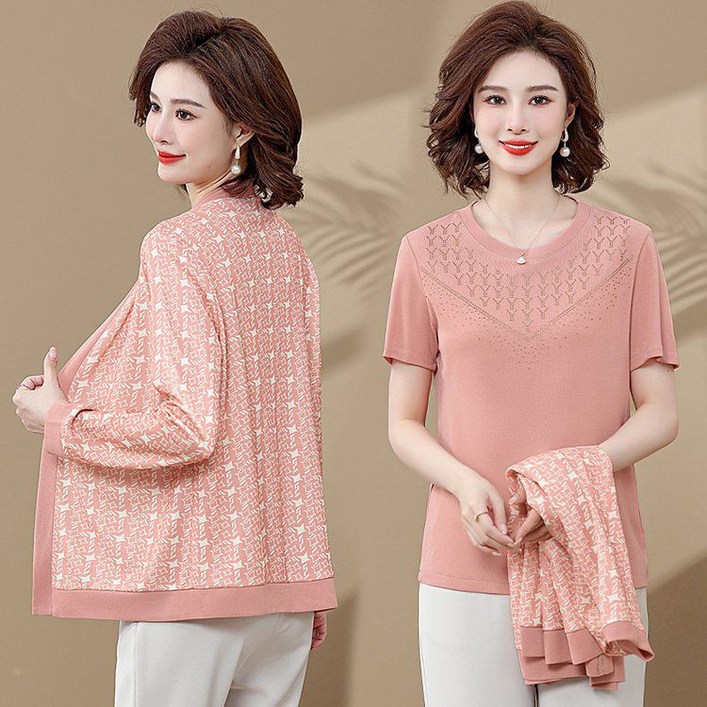 봄 가을 중년 여성 가디건 세트 캐주얼 긴팔티  니트 가디건 투피스 세트 기질 엄마 상의 CY