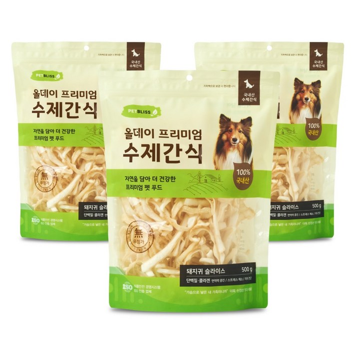 펫블리스 프리미엄 올데이 스틱 강아지 수제간식, 3개, 500g, 돼지귀 슬라이스 펫블리스 프리미엄 올데이 스틱 강아지 수제간식, 3개, 500g, 돼지귀 슬라이스