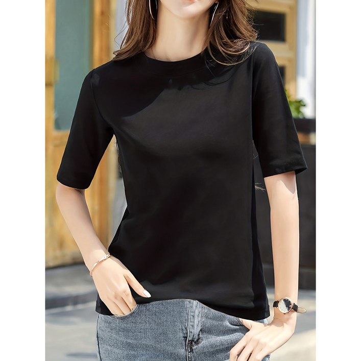 신상 솔리드 여름 슬림 라운드 5부 반팔 코디 상의 티셔츠