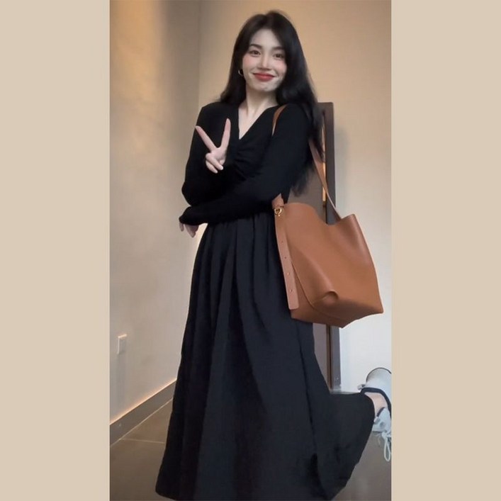 스몰 가을 블랙 긴팔 레이어드 롱원피스