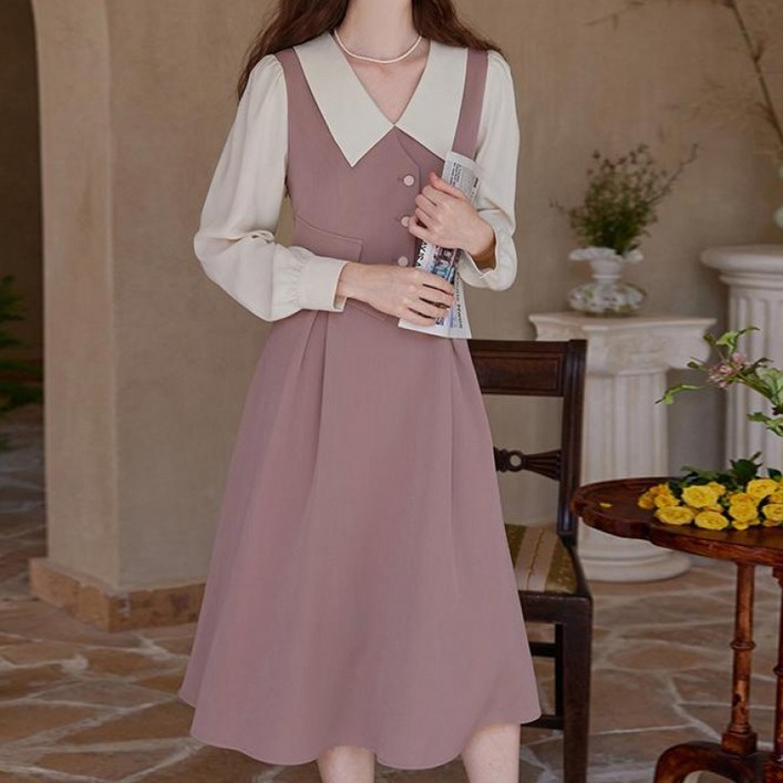 천하오 여성 통근 미디 원피스 브이넥 패치 원피스 TZ1034