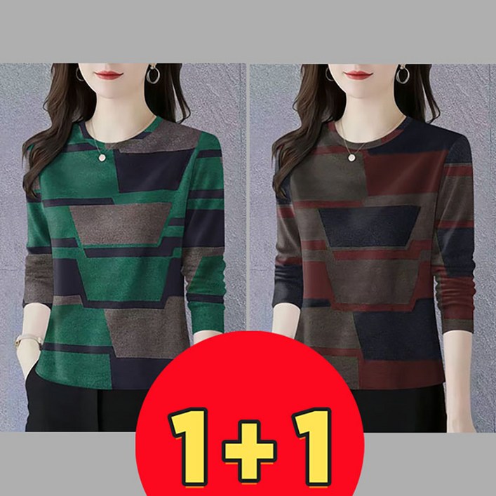 AOKADA 11여성 봄 가을 루즈핏 라운드 프린팅 긴팔 티셔츠