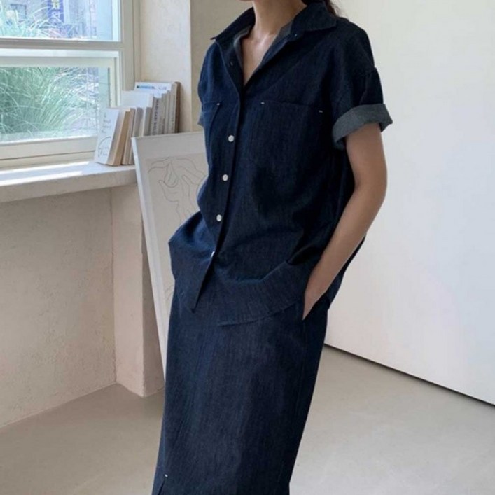 여성 여름 데님 상하의 세트 반팔 셔츠 롱 스커트 투피스 캐주얼룩