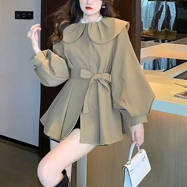 POMTOR 봄 여성 벨트와 빅 카라 트렌치코트