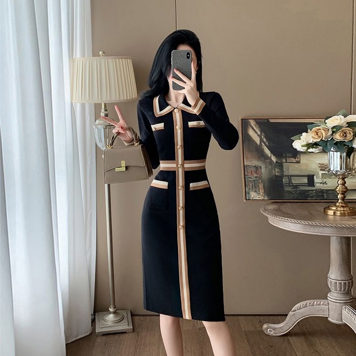 Neirny 여성용 긴팔 트위드 원피스 가을 겨울 이너 고급 슬림핏 루즈핏 기질 원피스 미디 하객룩