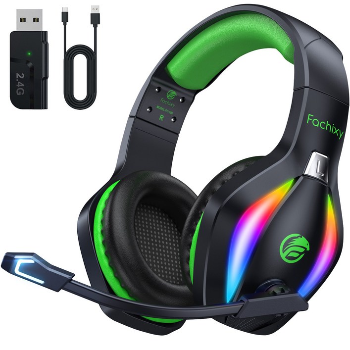 Fachixy FC100 게이밍 헤드셋 2.4G 무선 PS4 PS5 헤드폰 PC 블루투스 5.4 노이즈 캔슬링 마이크 50시간 장시간 사용, 블랙그린, 프로