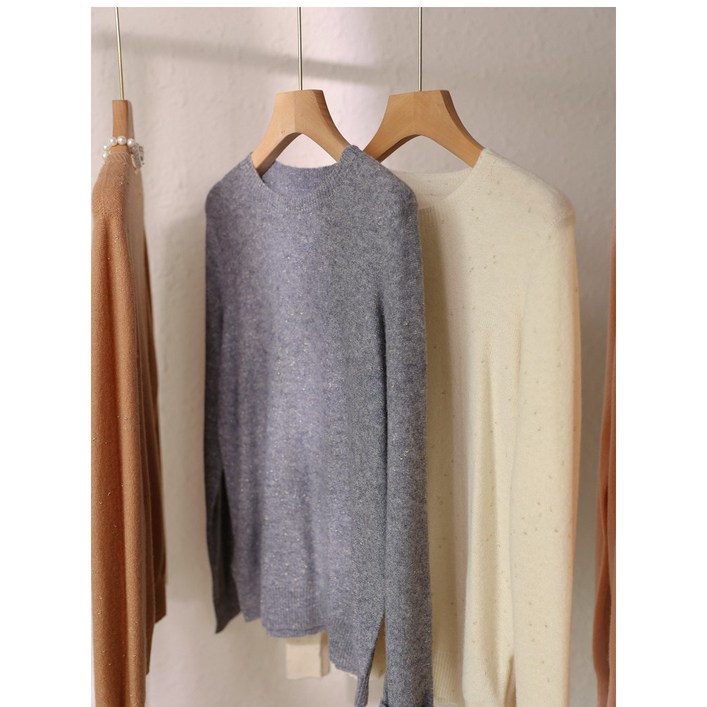 Daybykim 여성용 울100% 백포인트 라운드넥 펄 니트 티셔츠 레이어드니트 4Color