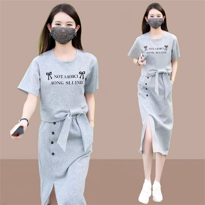 JIEVE   여성용  봄 여름 가을 반팔 트레이닝 세트 트임 스커트 투피스  WW030870