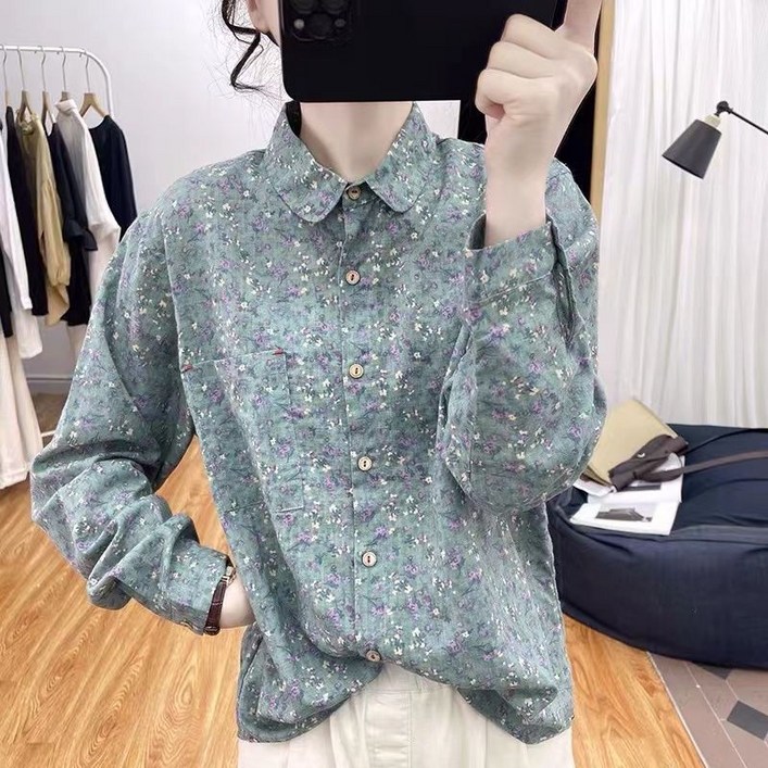 봄 여성 100면 루즈핏 꽃무늬 셔츠 데일리 앞포켓 가을 카라 긴팔 와이셔츠 남방 상의