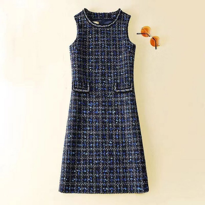 AOKADA 가을 겨울 라운드넥 민소매 모직 미디 롱 베스트 원피스