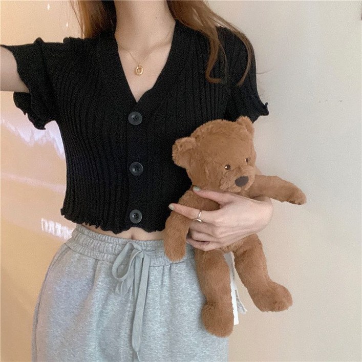 브이넥 골지 크롭 반팔 가디건