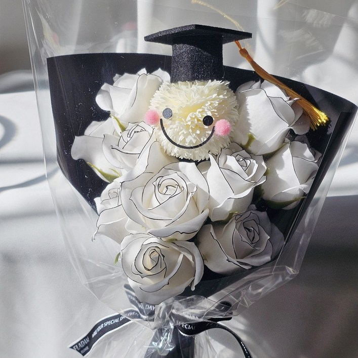 졸업식 학사모 비누 장미 조화 꽃다발, 1개, 졸업하는퐁퐁이장미3송이구성기본