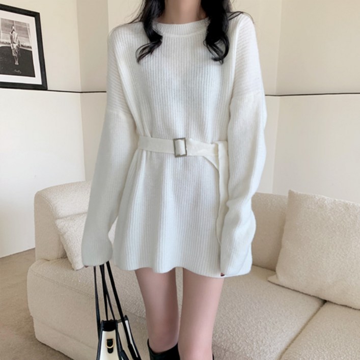 라라홀리 베이직 심플 라운드넥 골지 허리벨트 니트 원피스