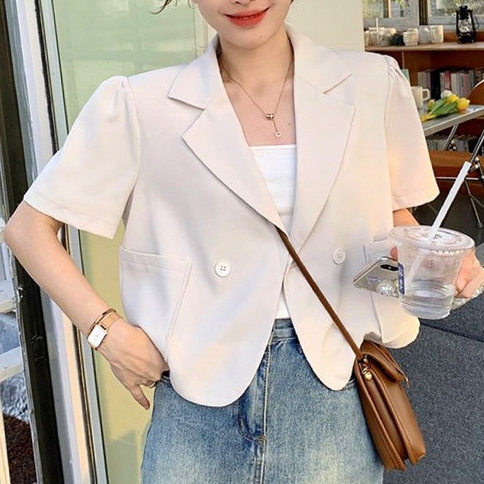 원버튼 반팔 자켓 여성 캐주얼 여름 하객룩 원버튼 반팔 자켓 여성 캐주얼 여름 하객룩