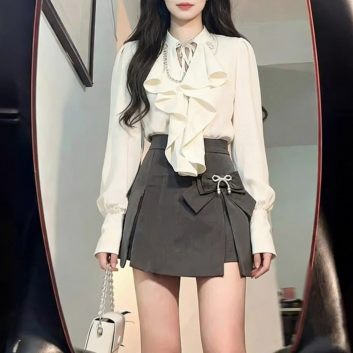 여성 봄 가을 셔츠 스커트 투피스 세트 슬림핏 A라인 오피스룩 하객룩 출근룩 세트 슬림소녀