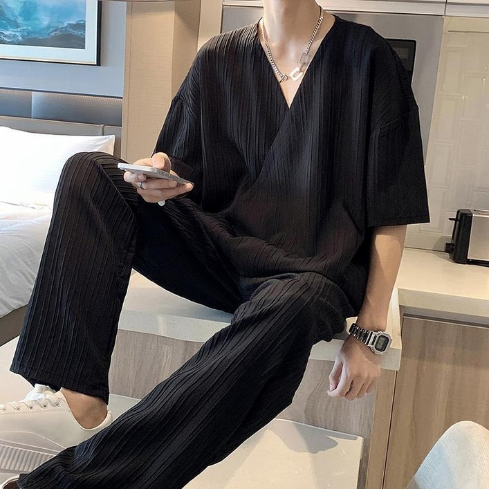 남성 플리츠 셋업 아이스 실크 빅사이즈 남자 트레이닝 주름 브이넥 티셔츠 바지 투피스 세트
