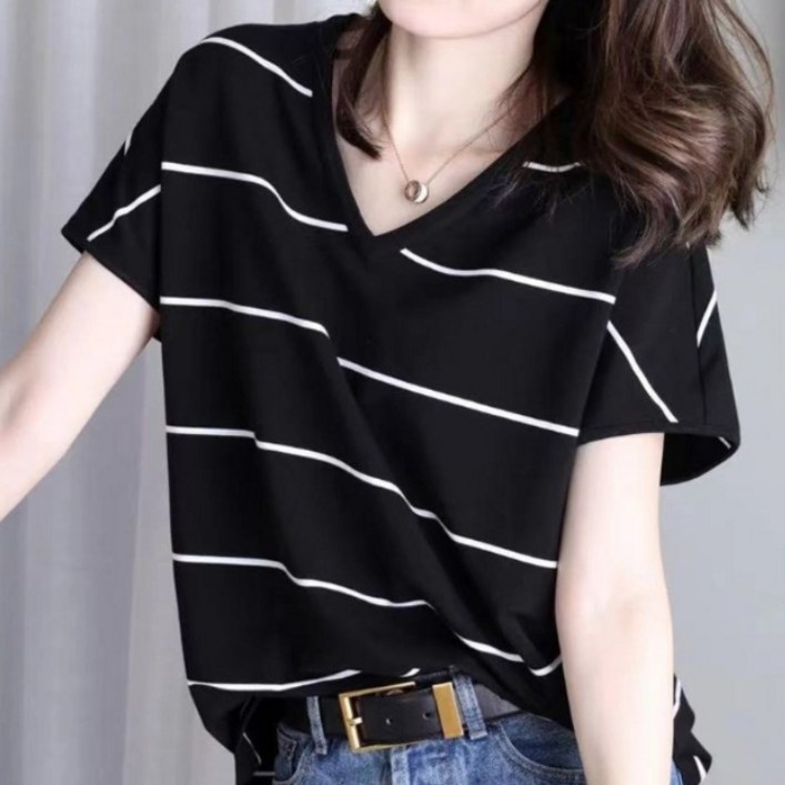11 2장 빅사이즈 여름 반팔티 브이넥 루즈핏 스트라이프 면티 스판티 상의 심플 베이직 데일리복