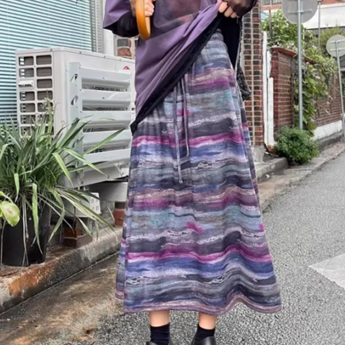 러비네 국내 제작 여성 고퀄리티 빈티지 에스닉 보헤미안 감성 나염 A라인 밴딩 롱 스커트