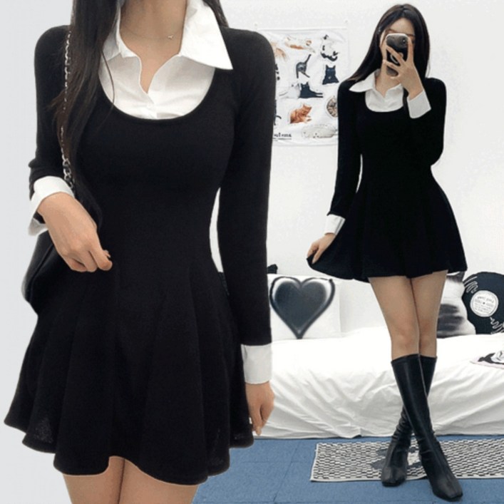 [일체형/여친룩/2col] 폴링 배색 레이어드 셔츠 니트 미니 원피스