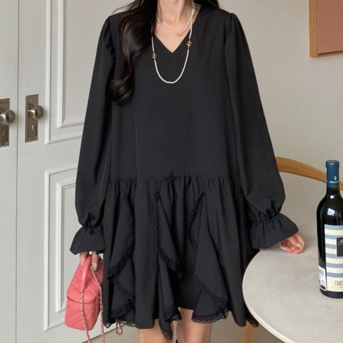 루즈핏 프릴 브이넥 미니 원피스 빅사이즈 하객룩