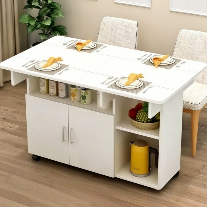 수납 식탁테이블 이동식 접이식 식탁 거실 수납 테이블  80CM 46인용 흰색