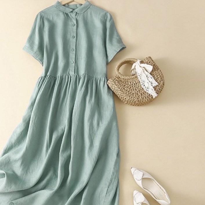 여성 시원 편안 면 마 소재 오버핏 A라인 롱 원피스 캐주얼한 디자인 봄 여름 가을 매력 반팔 스타일 활동적 일상 생활 안성맞춤 새로운 시즌스타일링