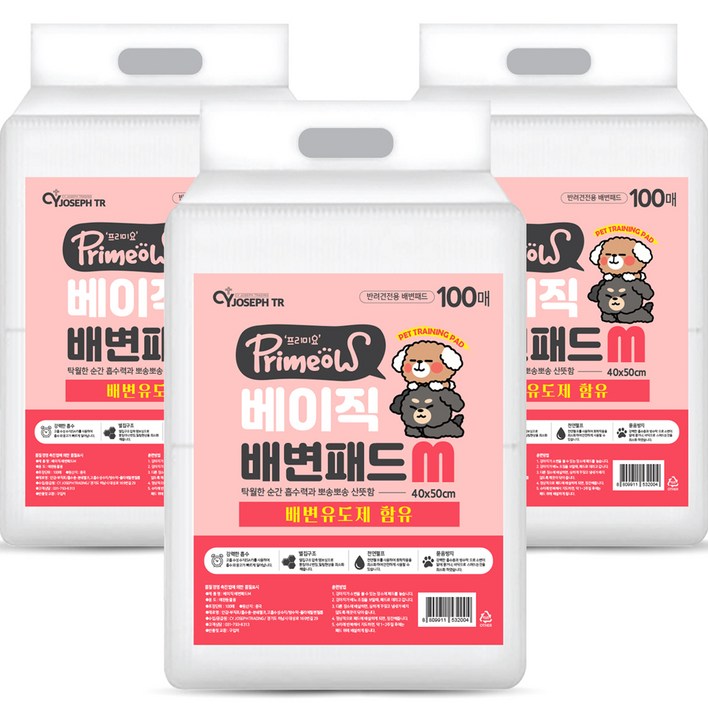 프리미요 배변유도제 함유 베이직 배변패드, 3개, 100개입