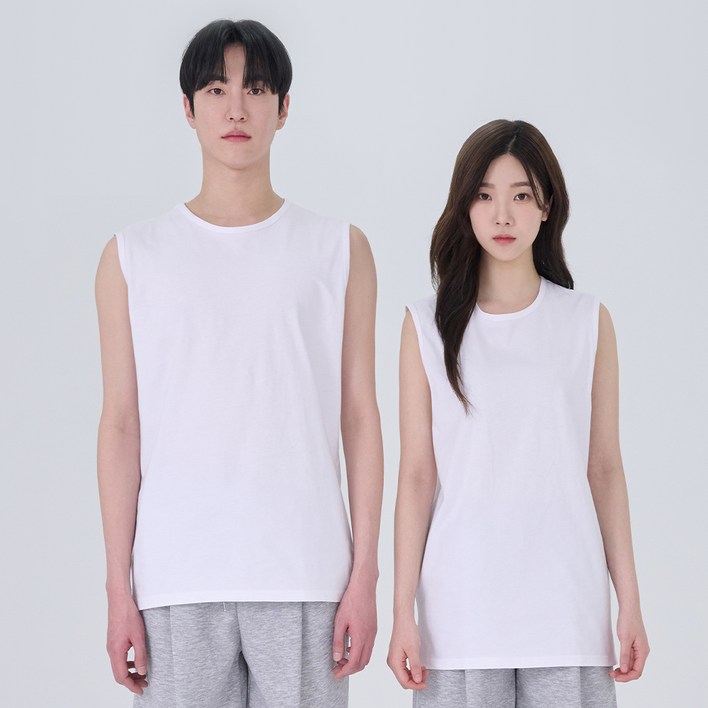 포슈어 남녀공용 통기성 순면 20수 옆 트임 레이어드 민소매 나시 티셔츠