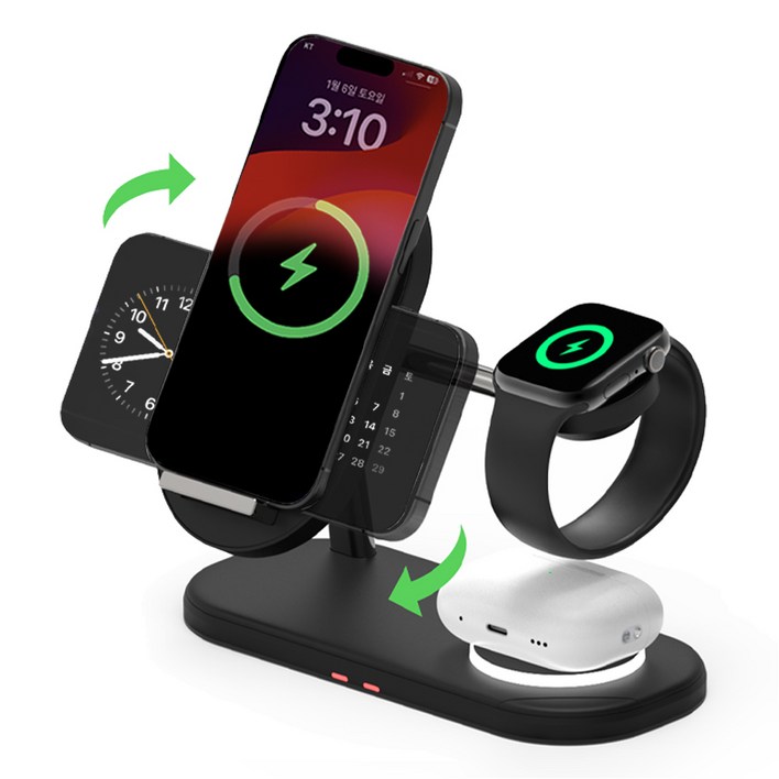 바우아토 맥브리즈 3in1 듀얼 코일 고속 무선충전기 거치대 애플 호환, 미드나잇블랙, 1개, 미드나잇블랙, 1개