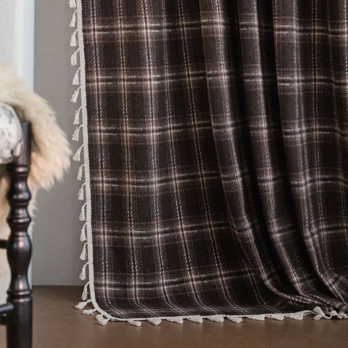 지앤와이 모어 체크패턴 태슬 가리개 커튼 봉집형